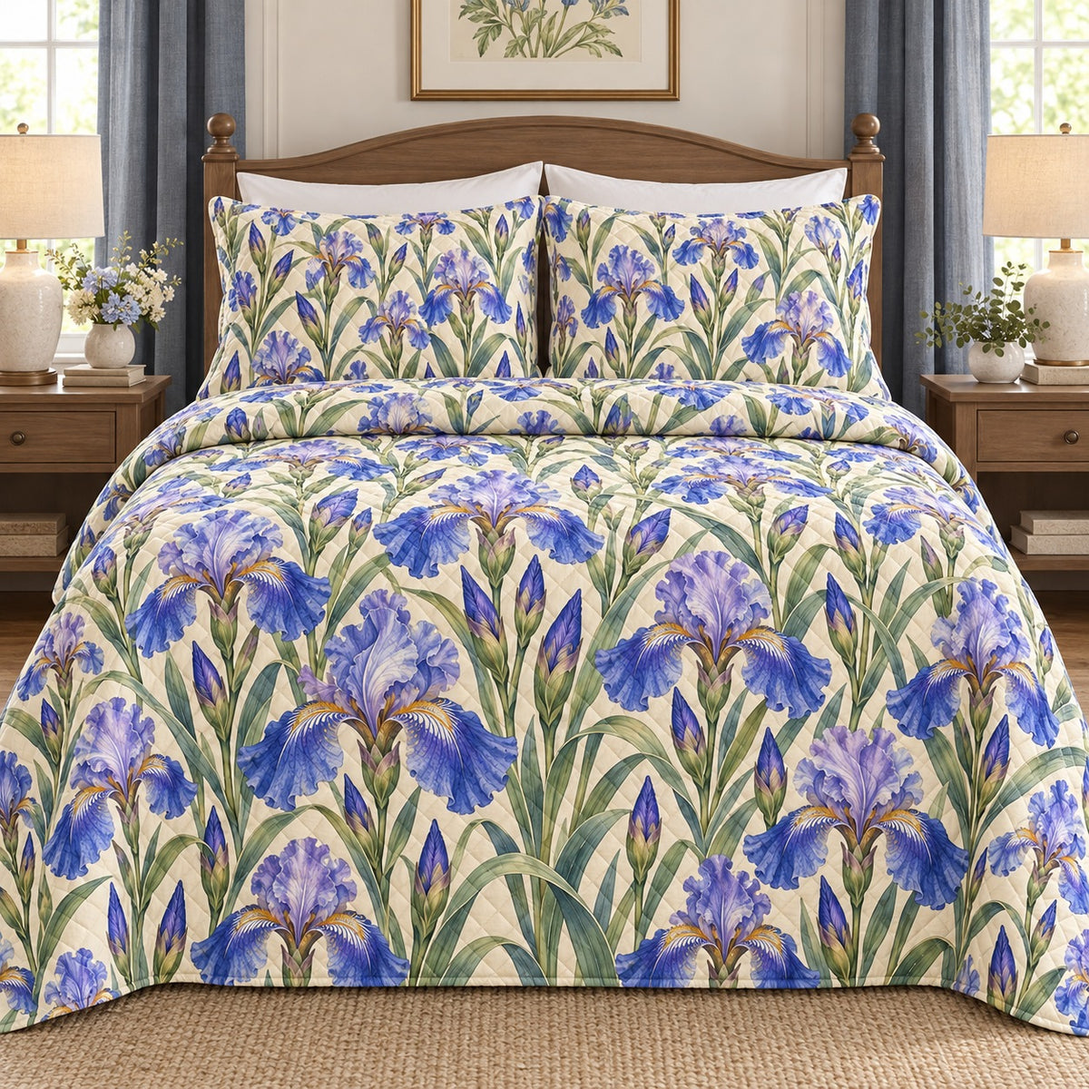 Blue iris quilt set front view, AI mockup
