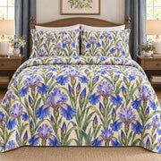 Blue iris quilt set front view, AI mockup