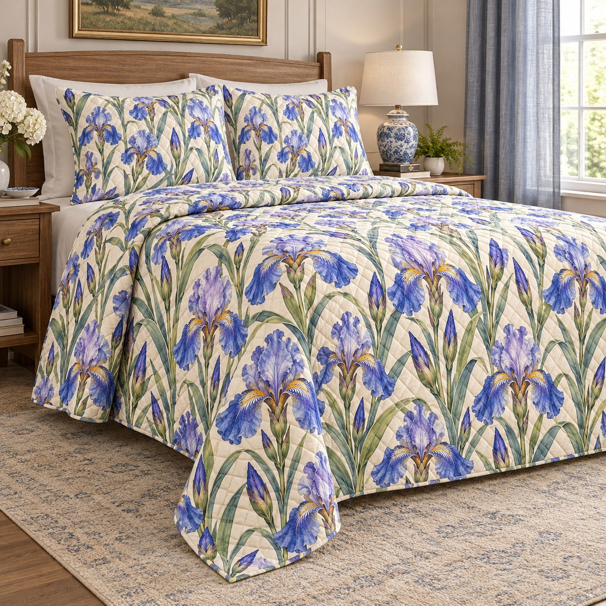 Blue iris quilt set left angle, AI mockup