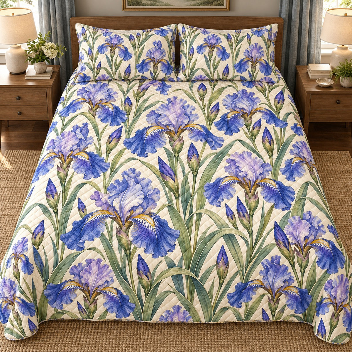 Blue iris quilt set overhead, AI mockup