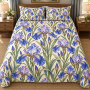 Blue iris quilt set overhead, AI mockup
