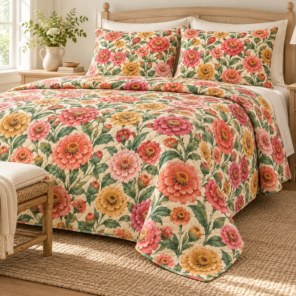 Vintage Zinnia Summer Garden Quilt Set, Cheerful Cottage Bedding, Gift for Gardeners