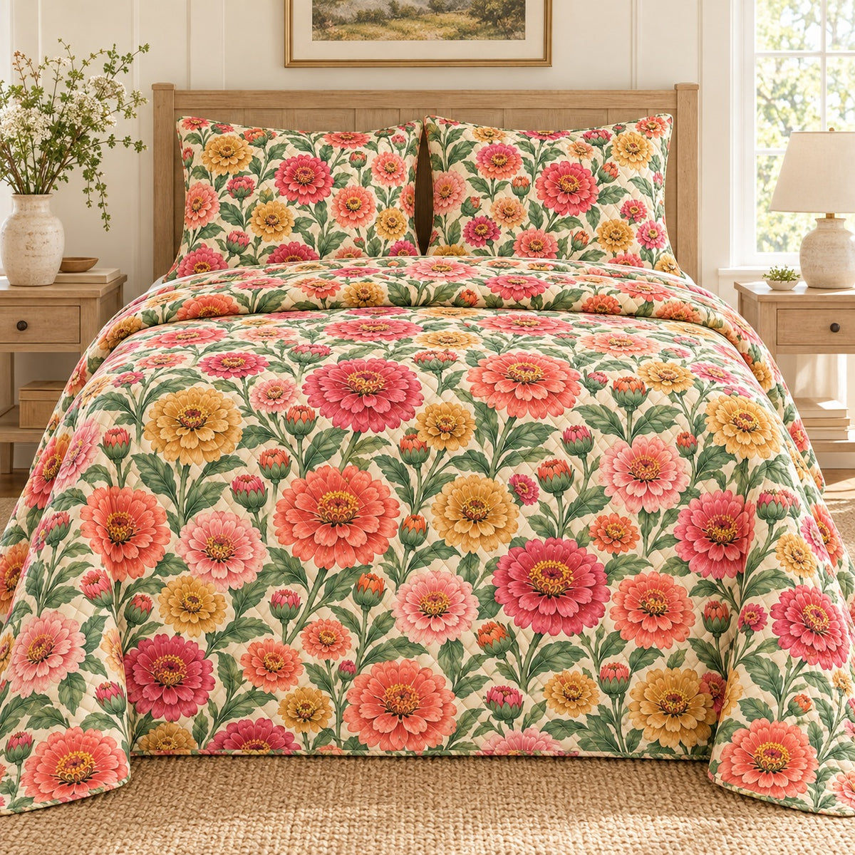 Zinnia quilt set front view, AI mockup