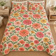 Zinnia quilt set overhead, AI mockup