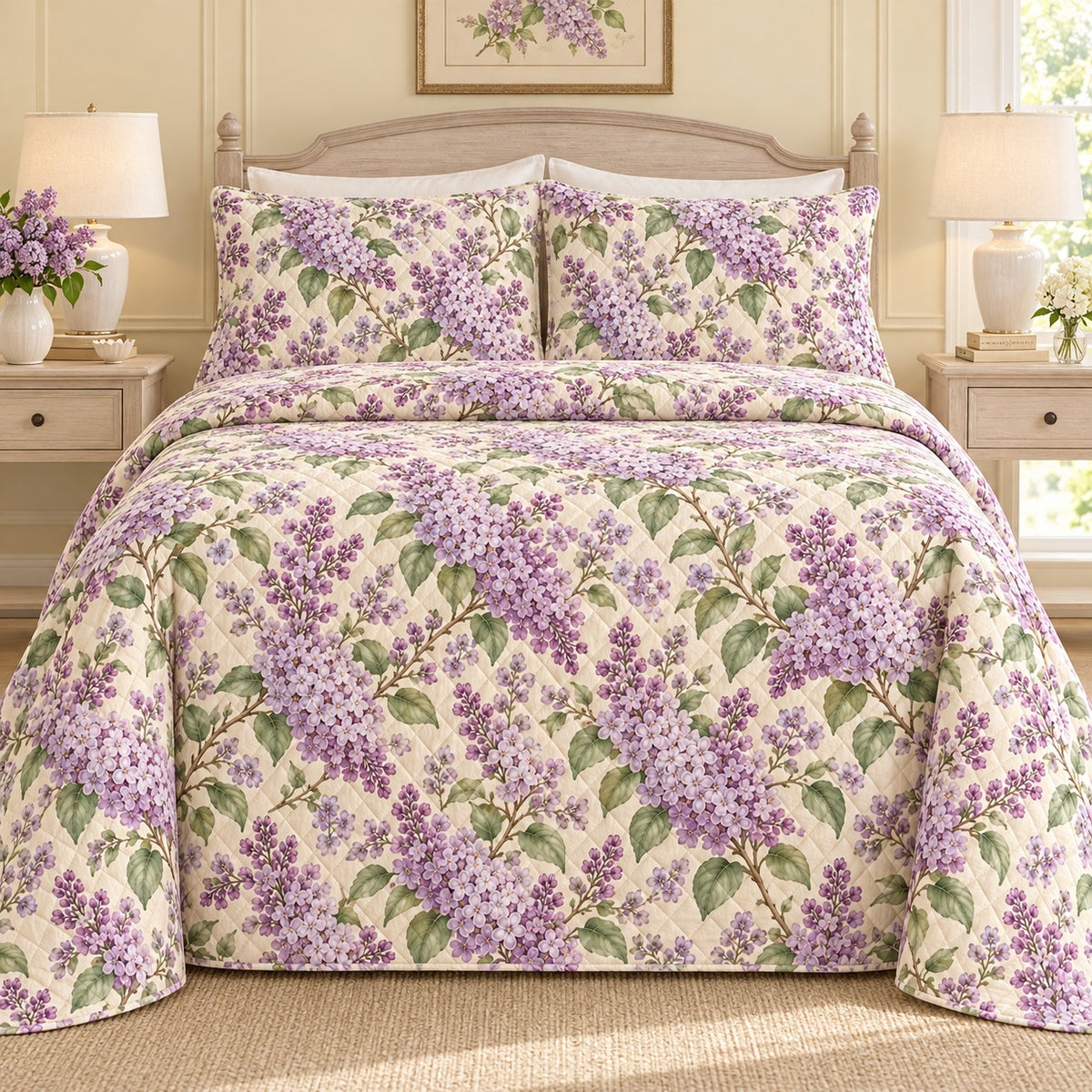 Lilac quilt set front view, AI mockup