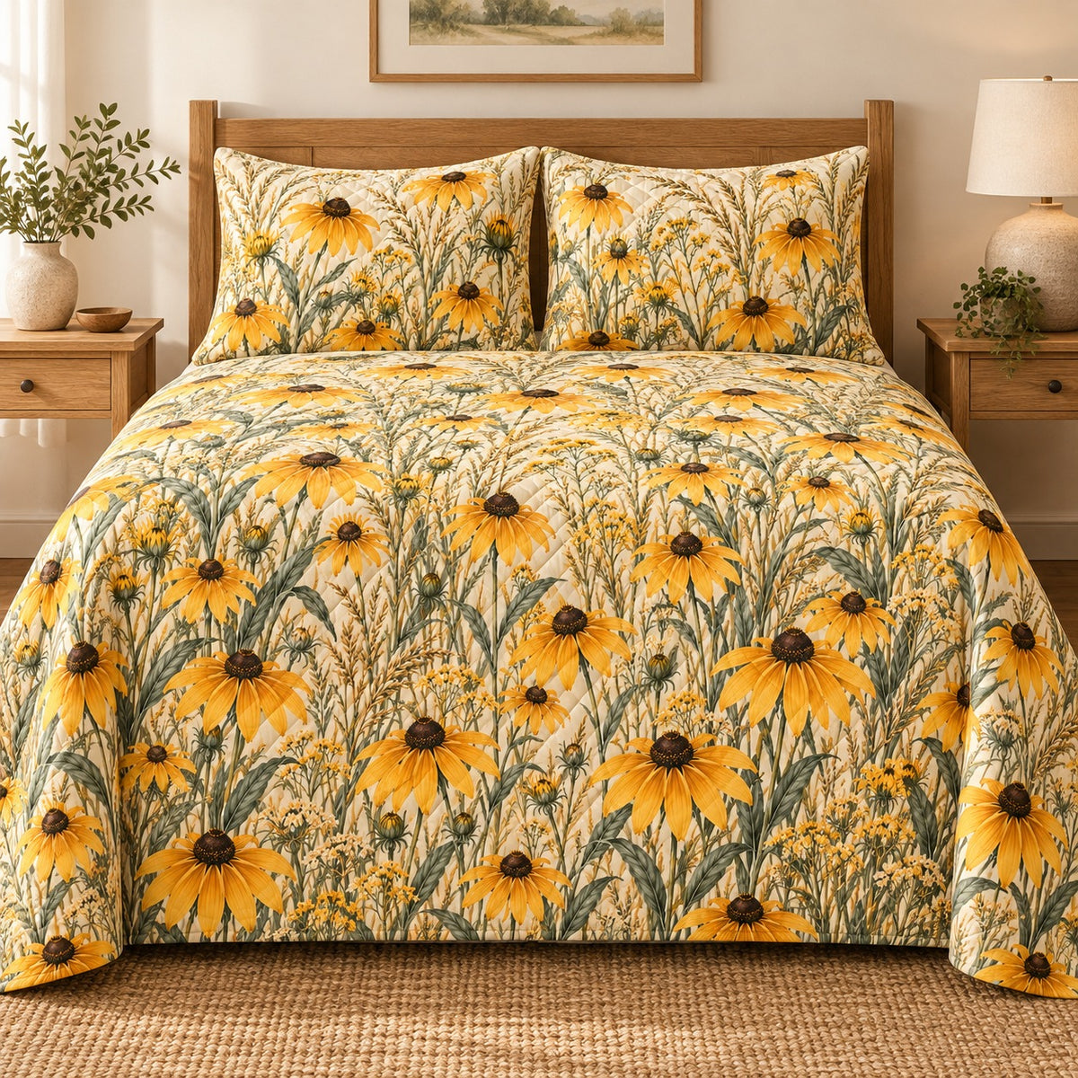Black-Eyed Susan Prairie quilt set front view, AI-generated mockup