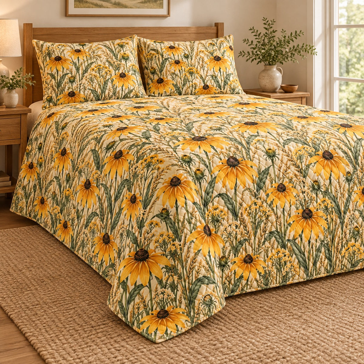 Black-Eyed Susan Prairie quilt set left angle, AI-generated mockup
