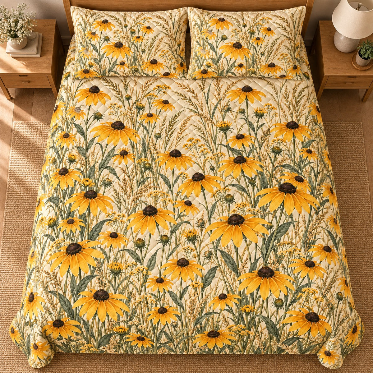 Black-Eyed Susan Prairie quilt set overhead view, AI-generated mockup