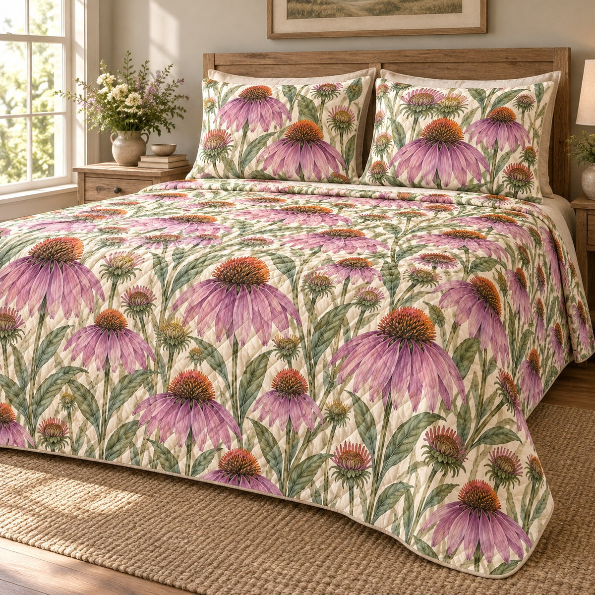 Purple Coneflower Meadow Quilt Set, Botanical Bedding, Gift for Garden Lovers