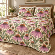 Purple Coneflower Meadow quilt set hero right angle, AI-generated mockup