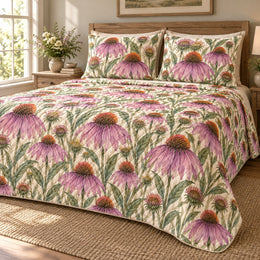 Purple Coneflower Meadow Quilt Set, Botanical Bedding, Gift for Garden Lovers