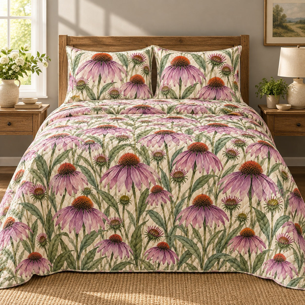 Purple Coneflower Meadow quilt set front view, AI-generated mockup