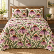 Purple Coneflower Meadow quilt set front view, AI-generated mockup