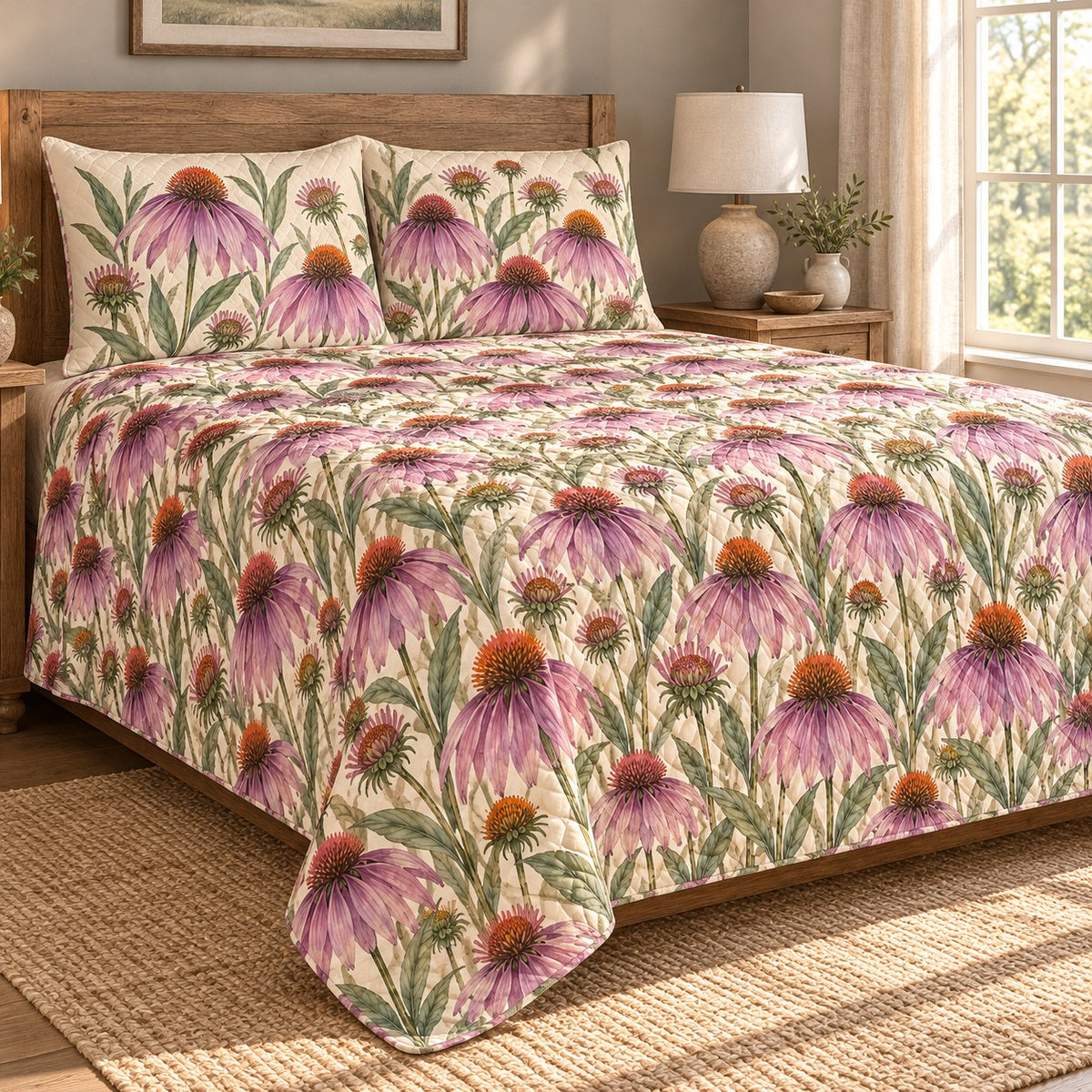 Purple Coneflower Meadow quilt set left angle, AI-generated mockup