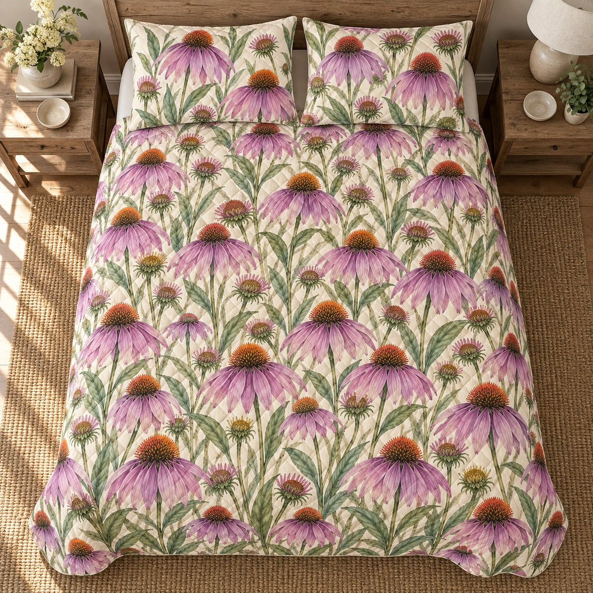 Purple Coneflower Meadow quilt set overhead view, AI-generated mockup