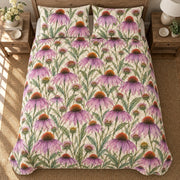 Purple Coneflower Meadow quilt set overhead view, AI-generated mockup