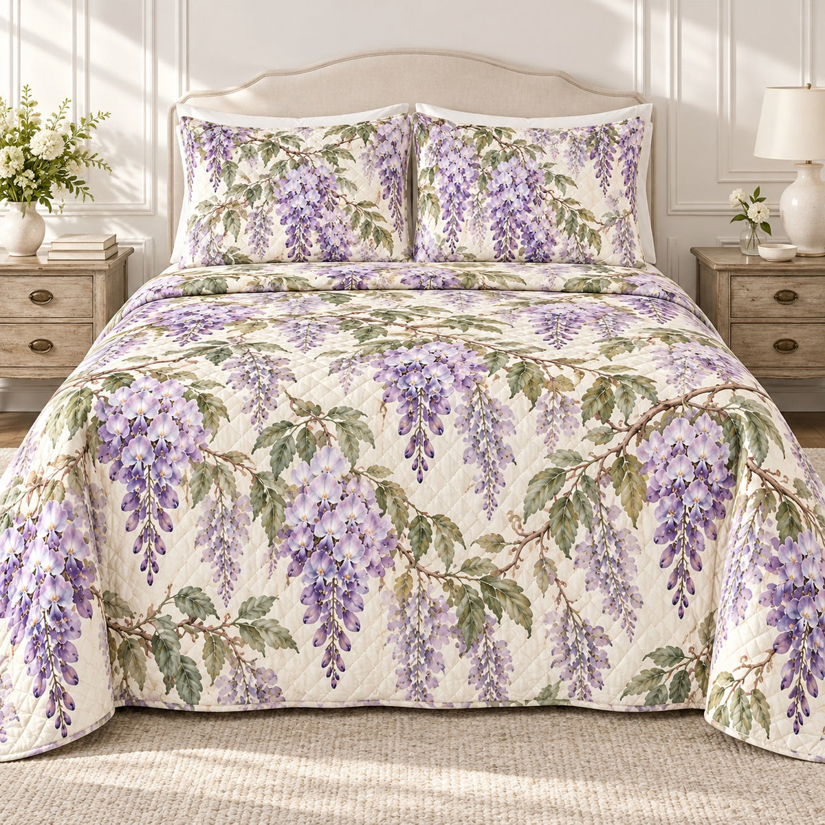 Wisteria quilt set, front, AI-generated mockup