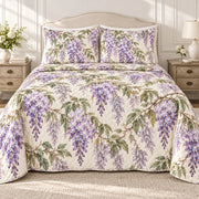Wisteria quilt set, front, AI-generated mockup