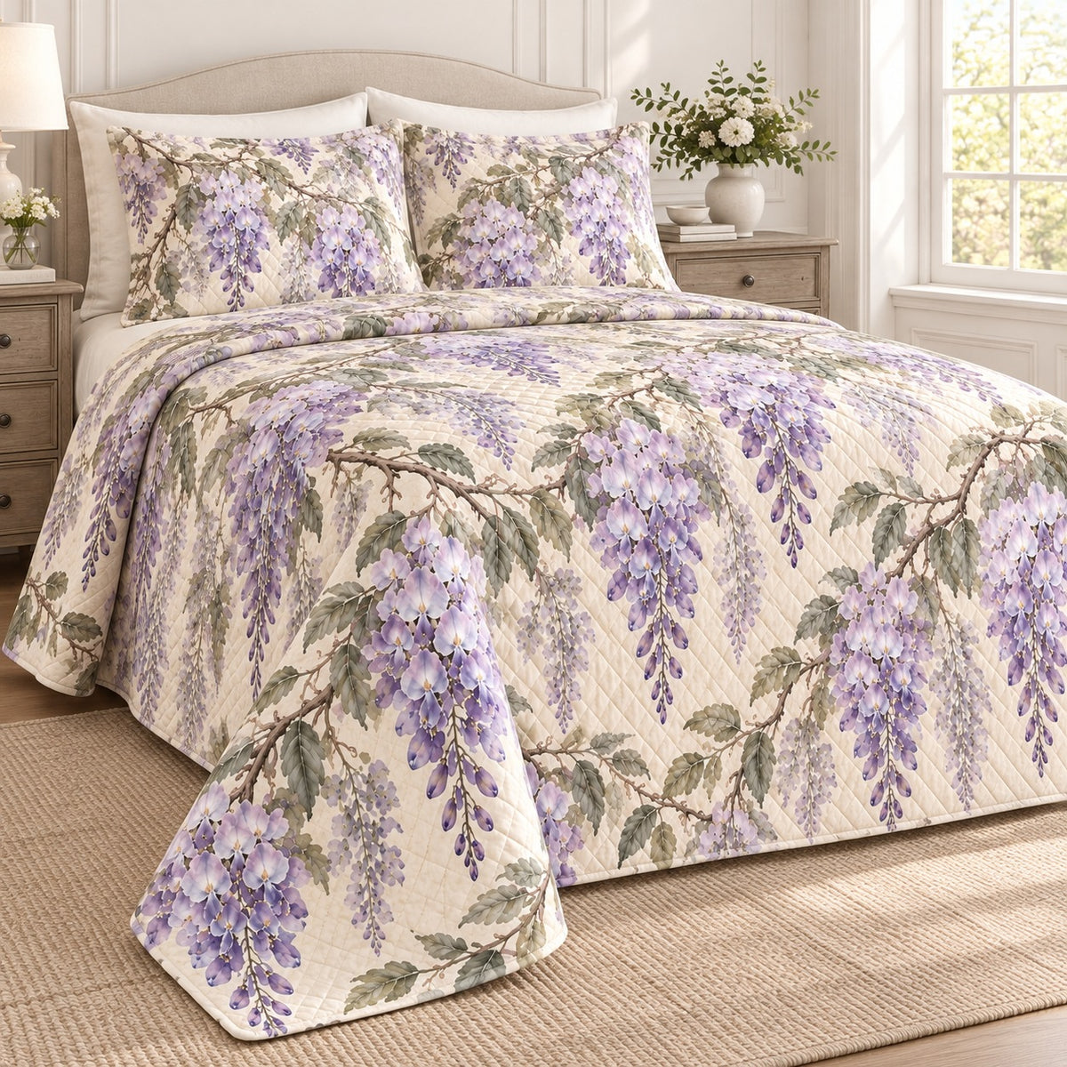 Wisteria quilt set, left, AI-generated mockup