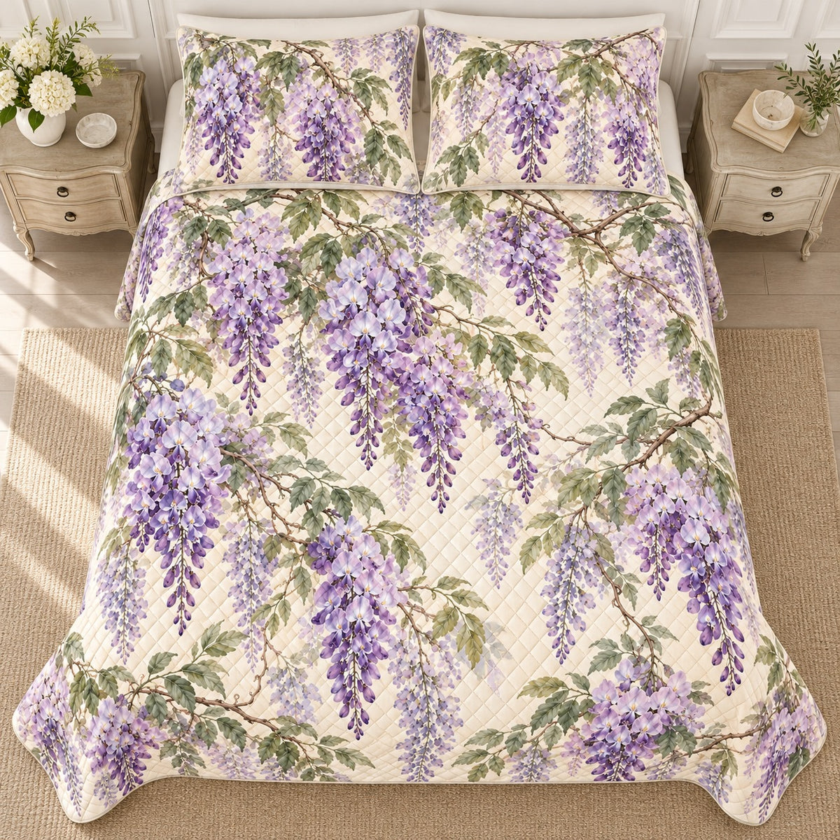 Wisteria quilt set, overhead, AI-generated mockup
