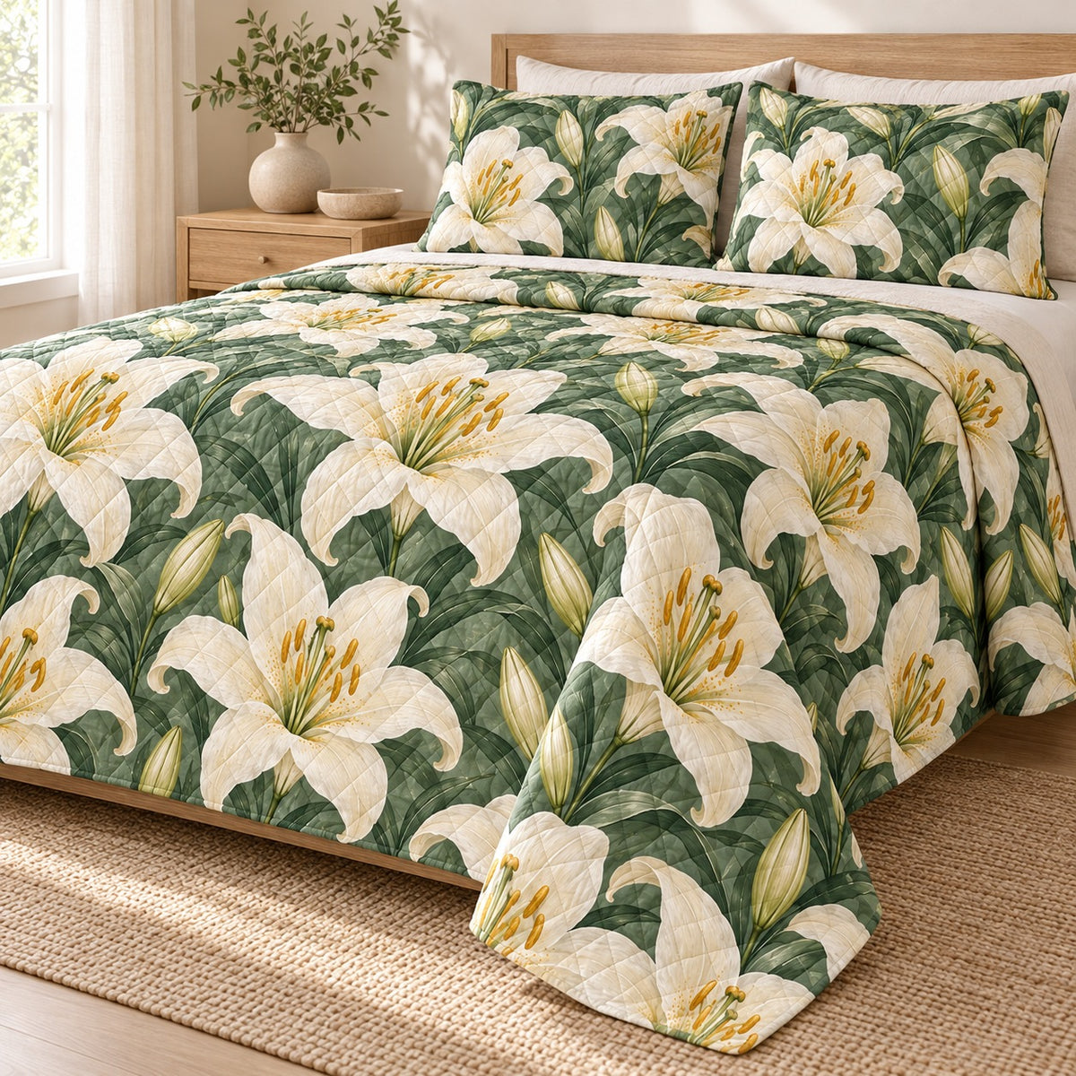Ivory Lily Botanical quilt set, right hero, AI-generated mockup