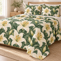 Ivory Lily Botanical Quilt Set, Sage Floral Bedding, Gift for Garden Lovers