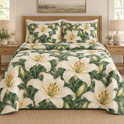 Ivory Lily Botanical quilt set, front, AI-generated mockup
