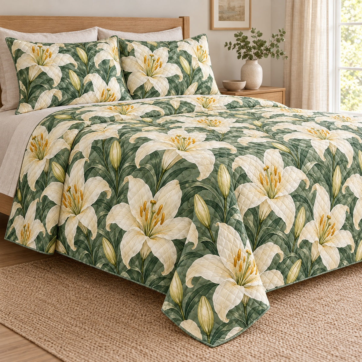 Ivory Lily Botanical quilt set, left, AI-generated mockup