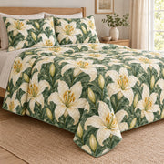 Ivory Lily Botanical quilt set, left, AI-generated mockup