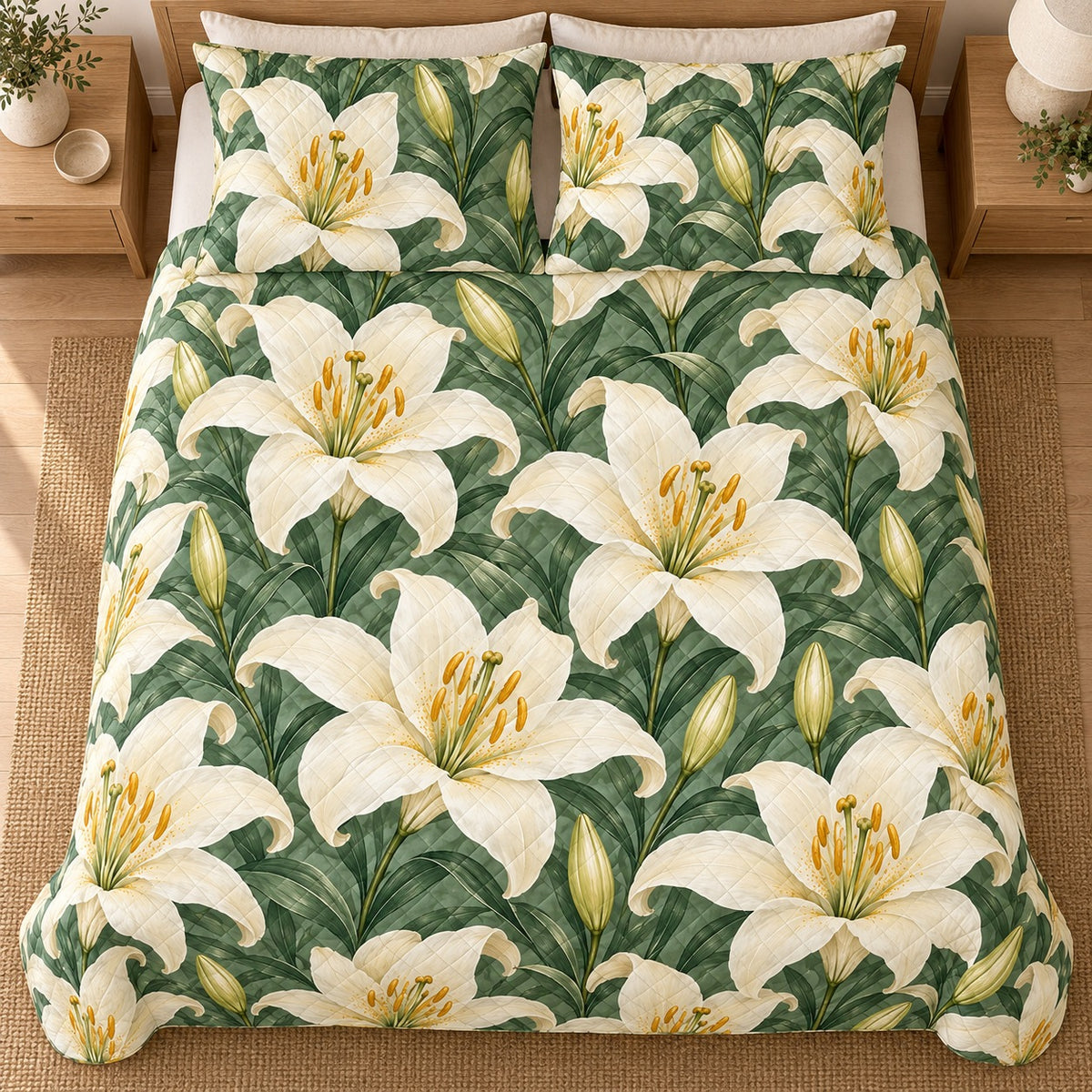 Ivory Lily Botanical quilt set, overhead, AI-generated mockup