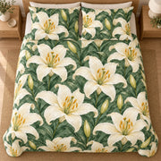 Ivory Lily Botanical quilt set, overhead, AI-generated mockup