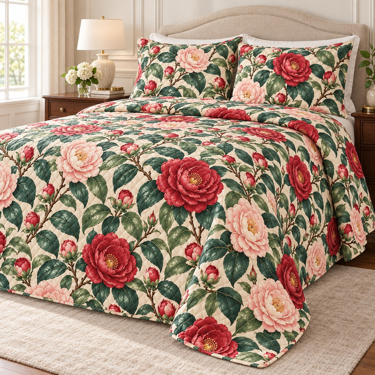 Camellia Southern Garden quilt set, right hero, AI-generated mockup