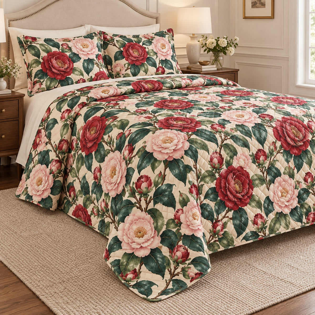 Camellia Southern Garden quilt set, left, AI-generated mockup