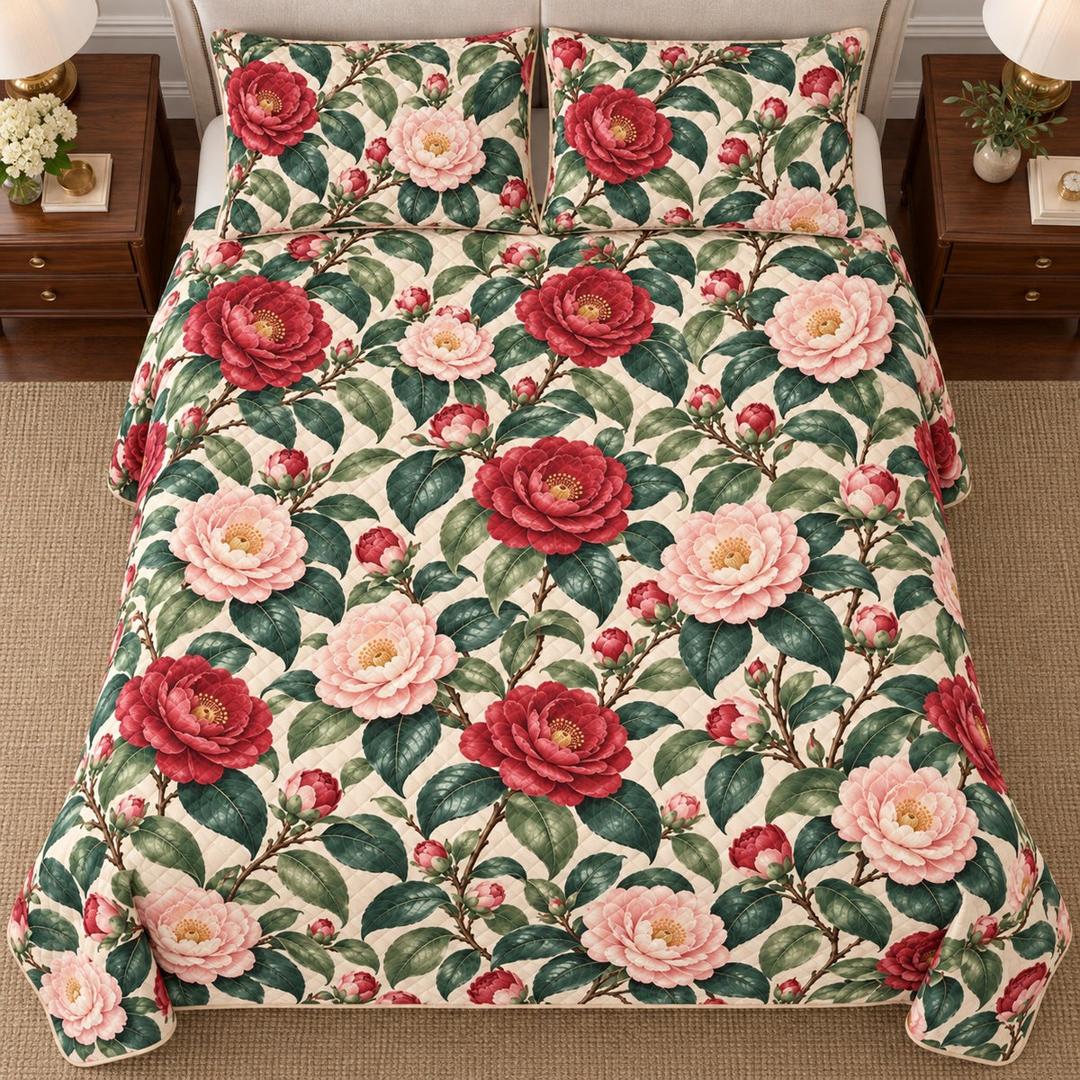 Camellia Southern Garden quilt set, overhead, AI-generated mockup