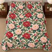 Camellia Southern Garden quilt set, overhead, AI-generated mockup