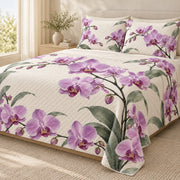 Purple Orchid Modern Botanical quilt set, right hero, AI-generated mockup