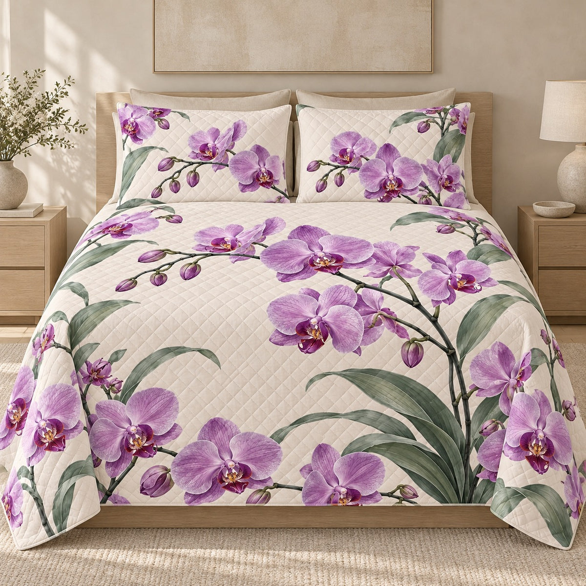 Purple Orchid Modern Botanical quilt set, front, AI-generated mockup