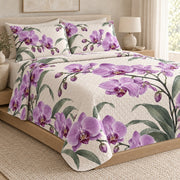 Purple Orchid Modern Botanical quilt set, left, AI-generated mockup