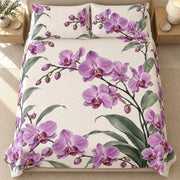 Purple Orchid Modern Botanical quilt set, overhead, AI-generated mockup