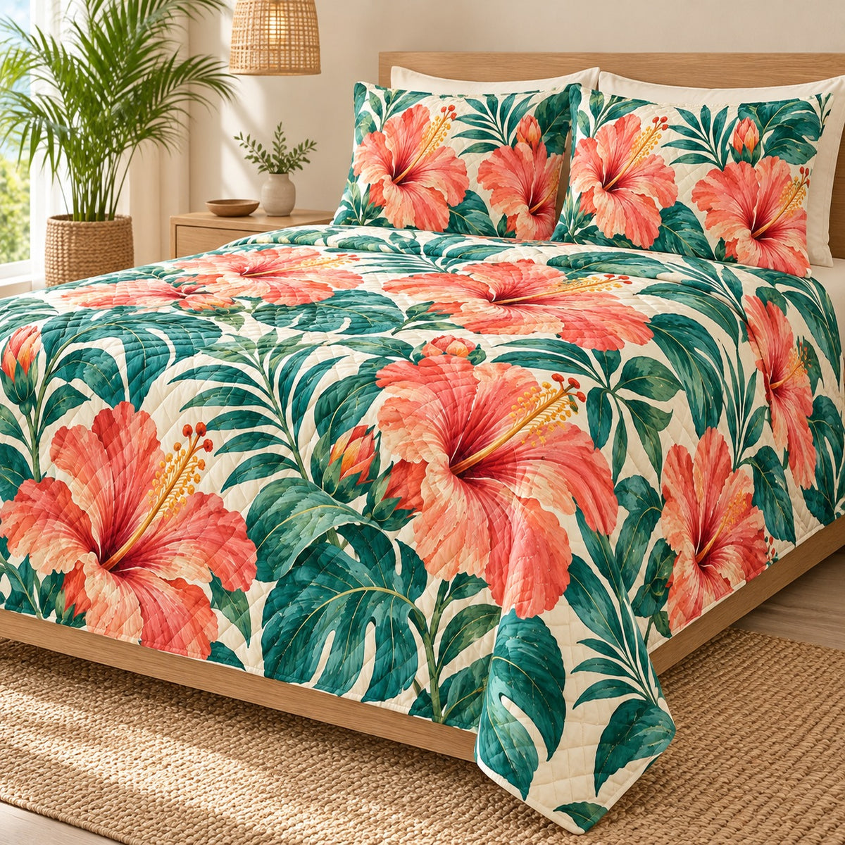 Coral Hibiscus Tropics quilt set, right hero, AI-generated mockup