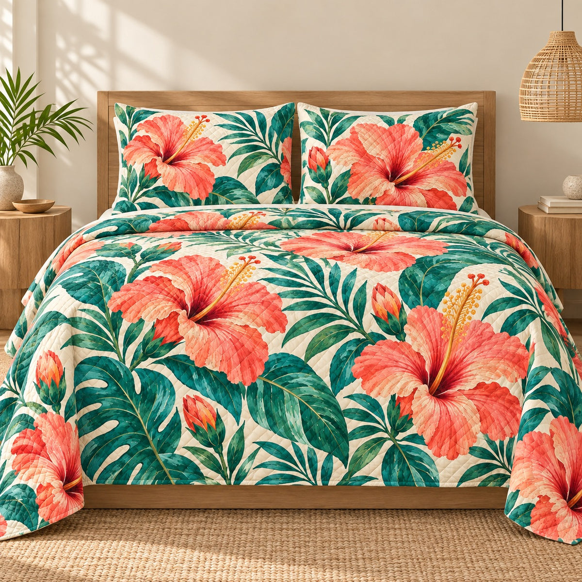 Coral Hibiscus Tropics quilt set, front, AI-generated mockup