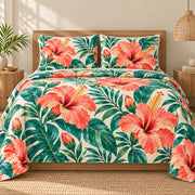 Coral Hibiscus Tropics quilt set, front, AI-generated mockup