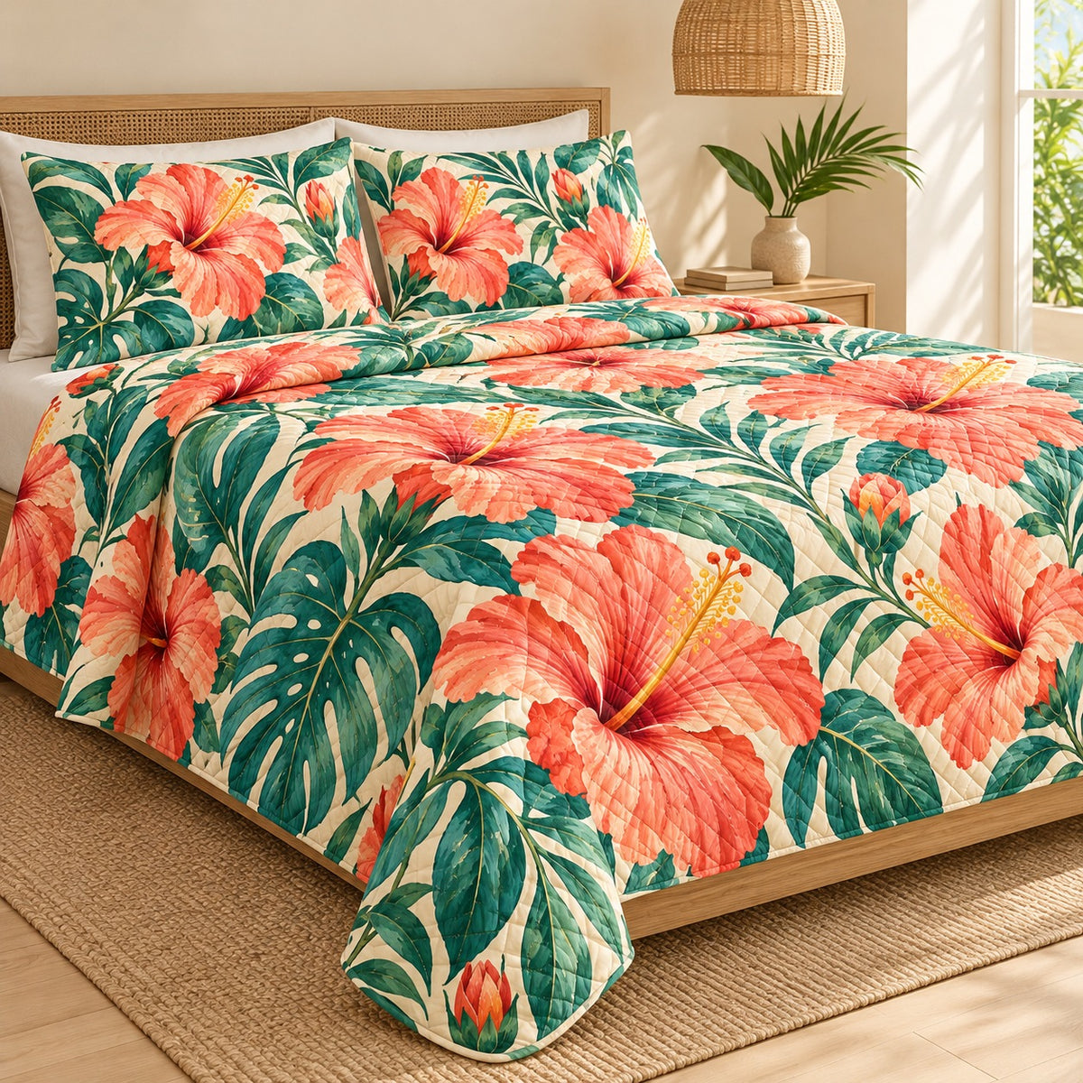Coral Hibiscus Tropics quilt set, left, AI-generated mockup