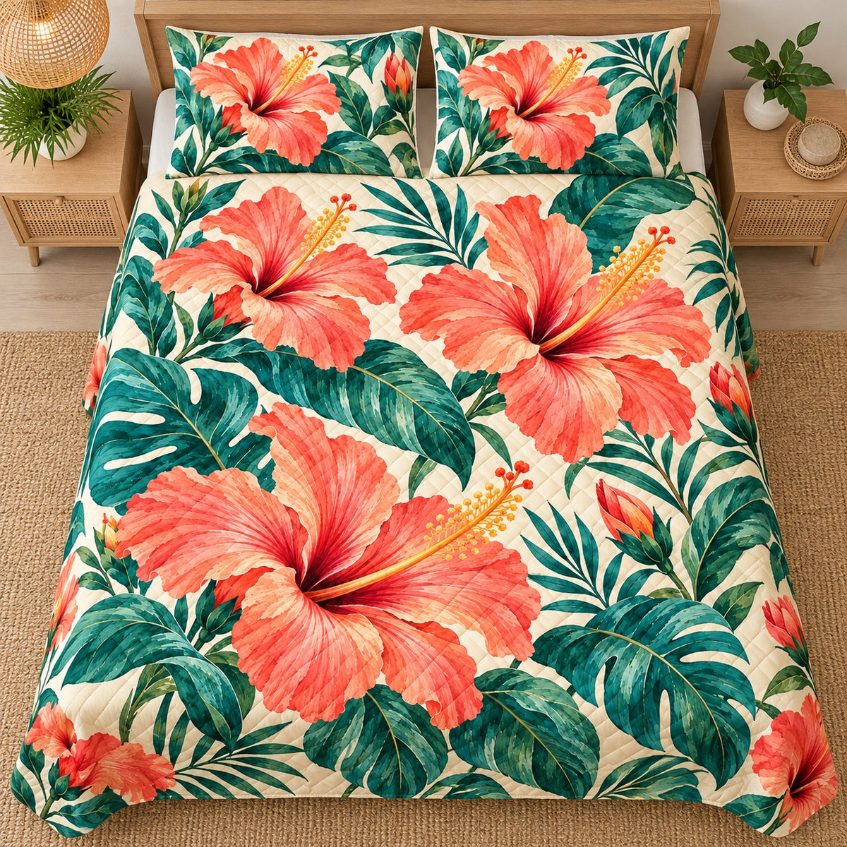 Coral Hibiscus Tropics quilt set, overhead, AI-generated mockup