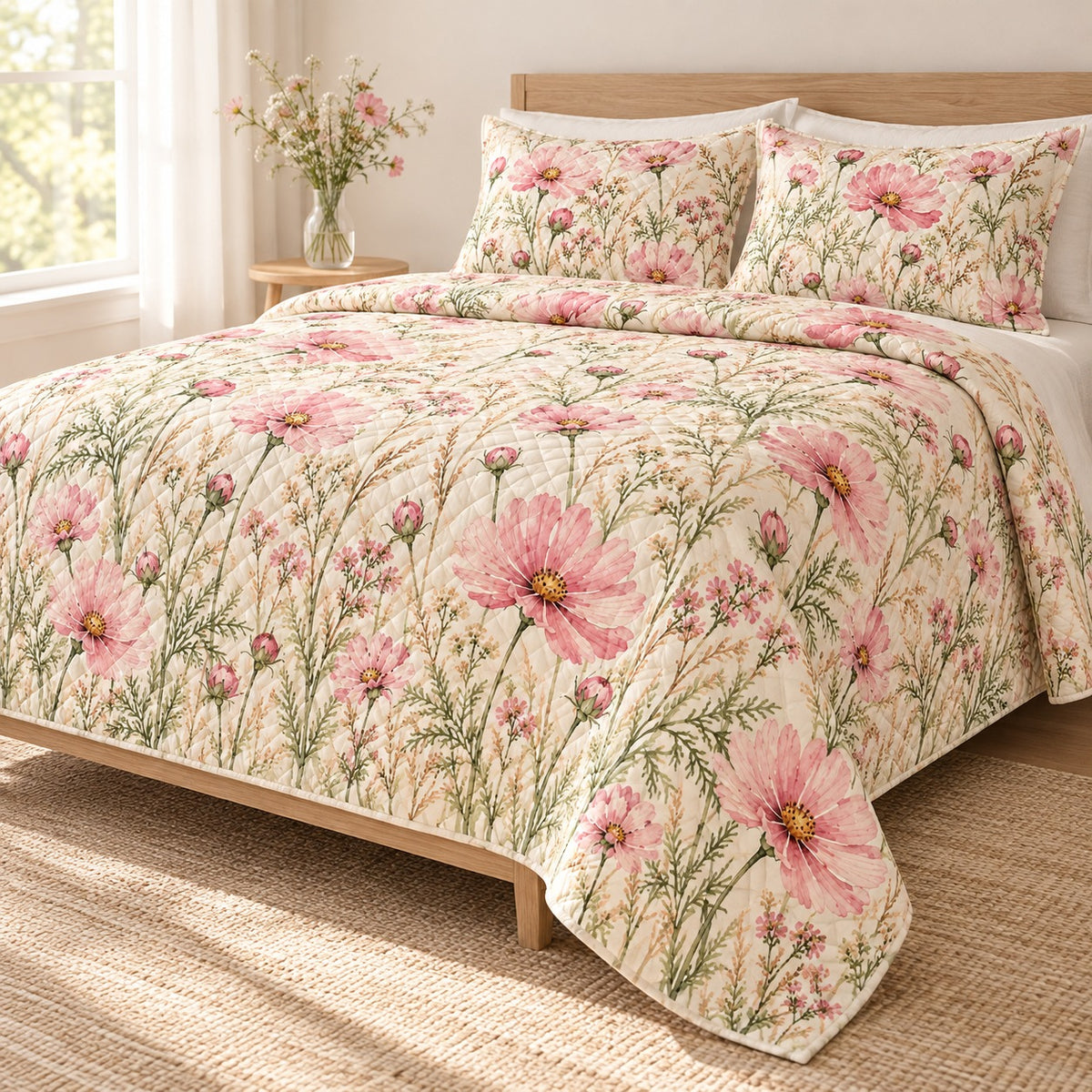 Pink Cosmos Wildflower quilt set, right hero, AI-generated mockup