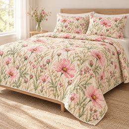 Pink Cosmos Wildflower Quilt Set, Cottage Floral Bedding, Gift for Garden Lovers