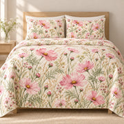 Pink Cosmos Wildflower quilt set, front, AI-generated mockup