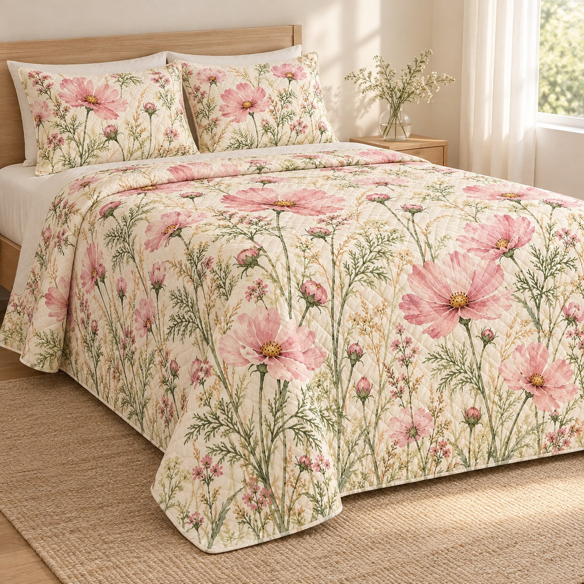 Pink Cosmos Wildflower quilt set, left, AI-generated mockup