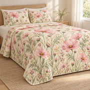 Pink Cosmos Wildflower quilt set, left, AI-generated mockup