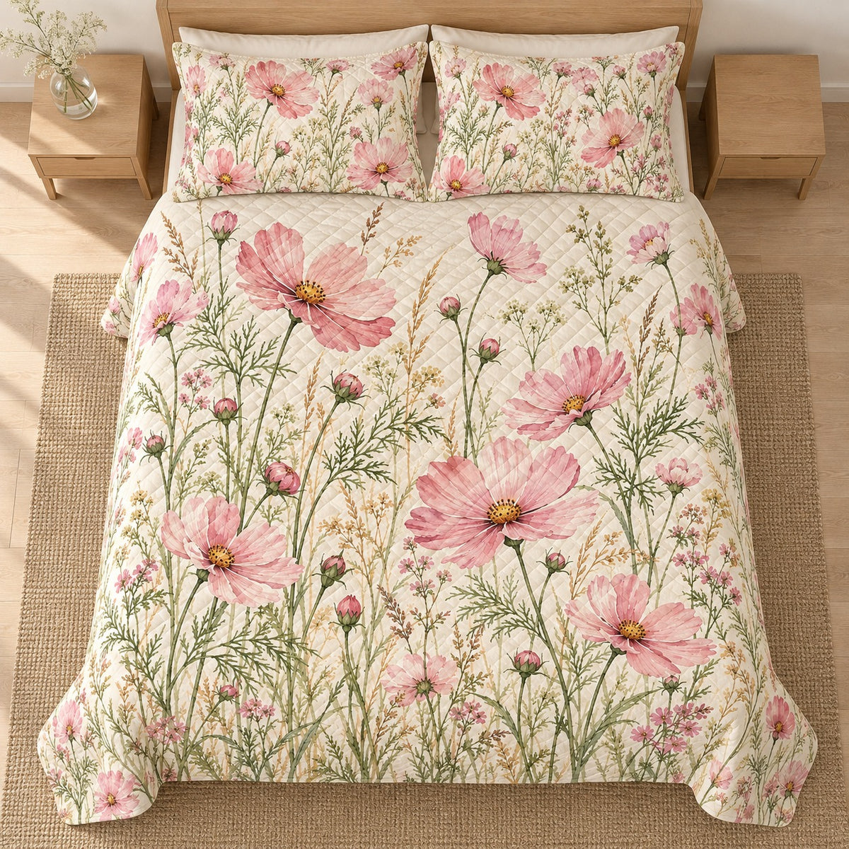 Pink Cosmos Wildflower quilt set, overhead, AI-generated mockup